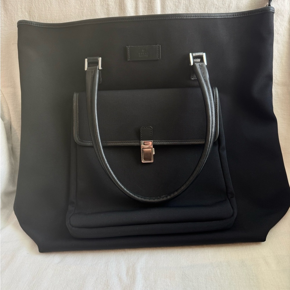 Gucci Black Nylon Leather Trim Work Tote Laptop Business Briefcase Italy - Picture 2 of 7